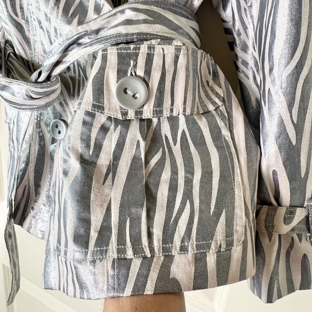 Lisa International Silver Metallic Zebra Print Double Breasted Belted Jacket M
